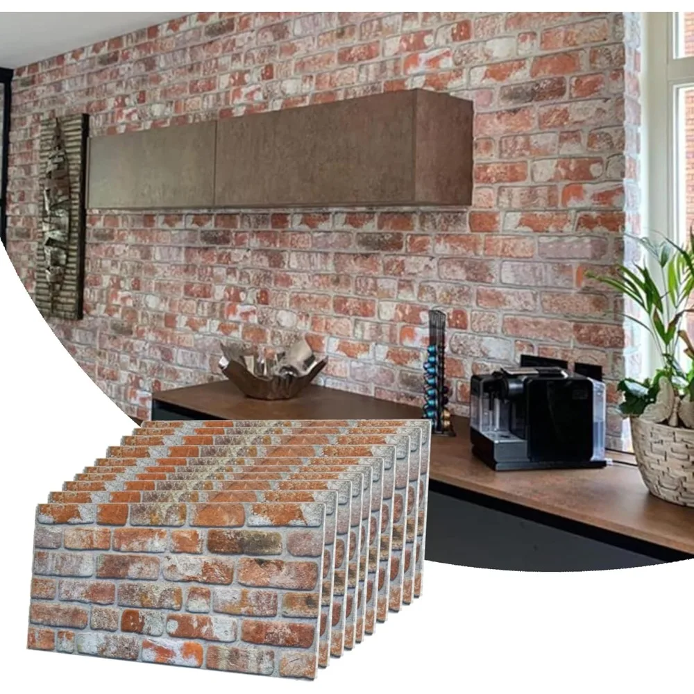 

3D Wall Panels Brick Effect - Cladding, Red Grey Brown Stone Look Wall Paneling, Styrofoam Facing Set of 10, Covers 53 sq ft