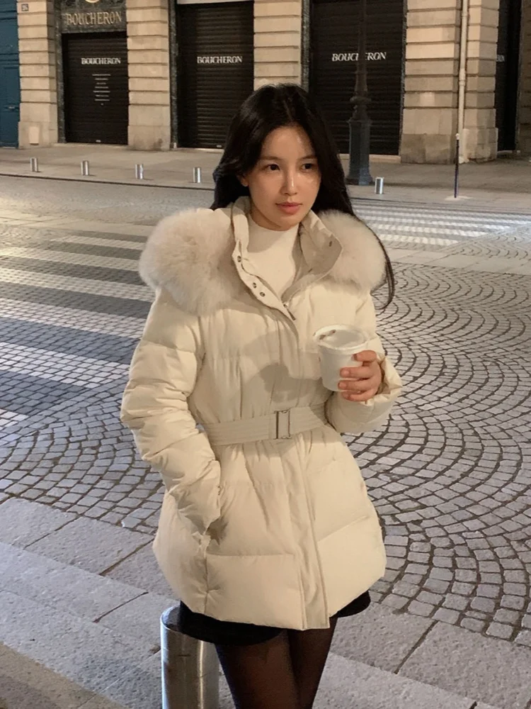 

Зимняя утепленная женская пуховая куртка с меховым воротником и капюшоном, с поясом на талии, белая, в корейском стиле, для повседневной носки
