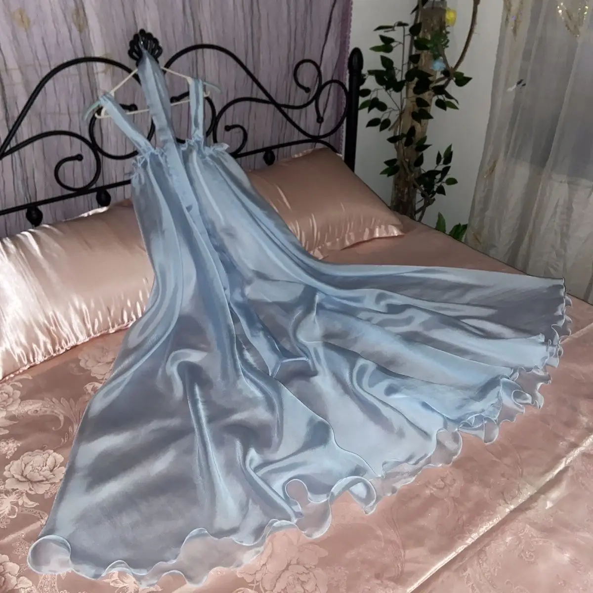 Glossy Ultra Thin See Through Women Satin Sleeveless Long dress Loose Ruffles Dress Sleeping Robe