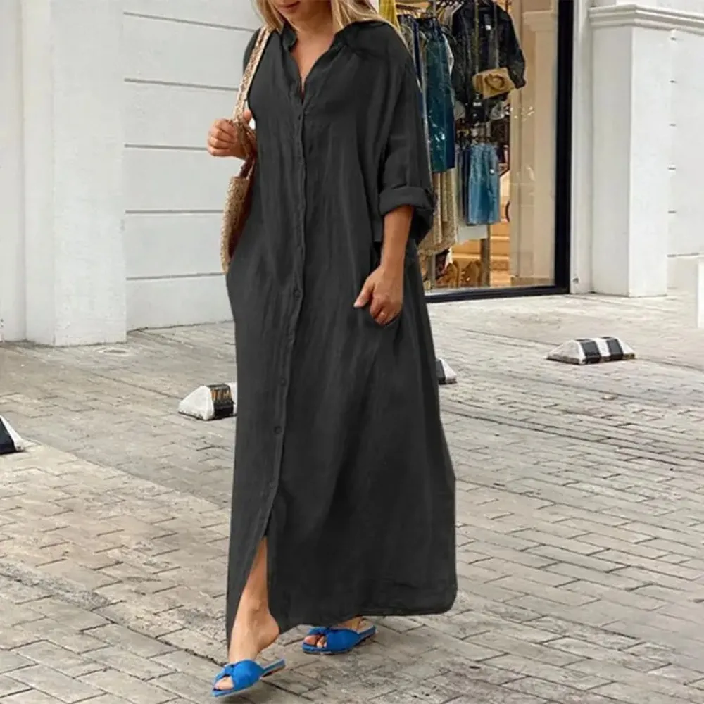 Damska sukienka L-5XL Plus Size Oversized Summer Casual Loose Pocket Flip Collar Long Dress Solid Color Casual Button Loose Oversized