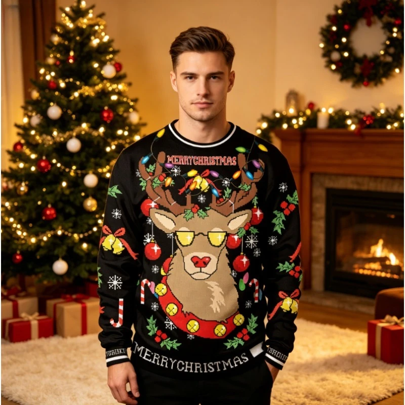 Men Women Christmas Crew Neck Multi Pattern Cartoon Element Knit Look Print Long Sleeve Sweatshirt Couples Casual Pullover