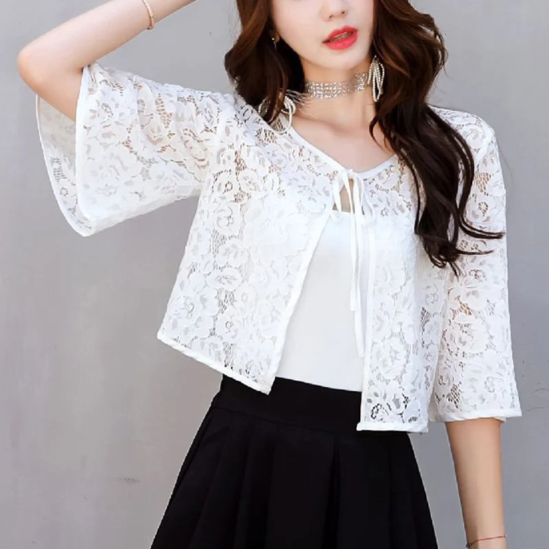 Rimocy 2024 Summer Flares Sleeve Lace Cardigan for Women Summer Lace Up Sunscreen Coat Female See Through Ice Silk Crop Tops