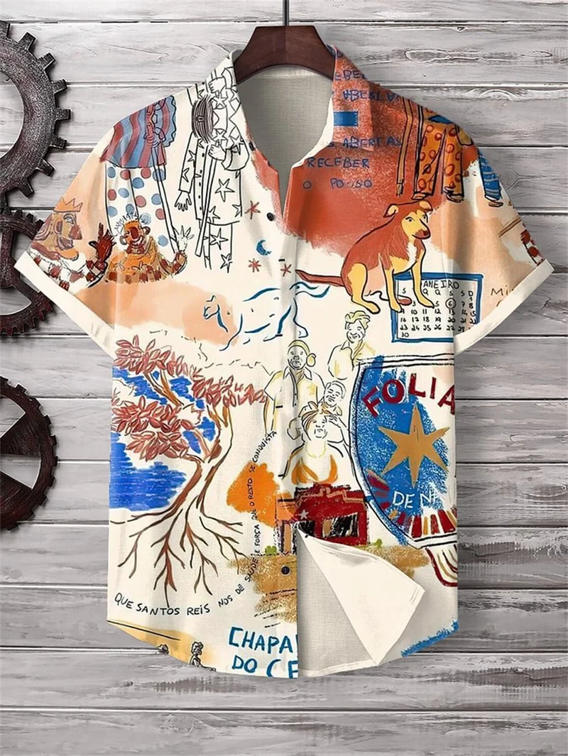 2025 Hawaiian Men's Shirt Cartoon Cat And Bird Pattern Printed Social Men's Graffiti Clothing Retro Harajuku New Summer