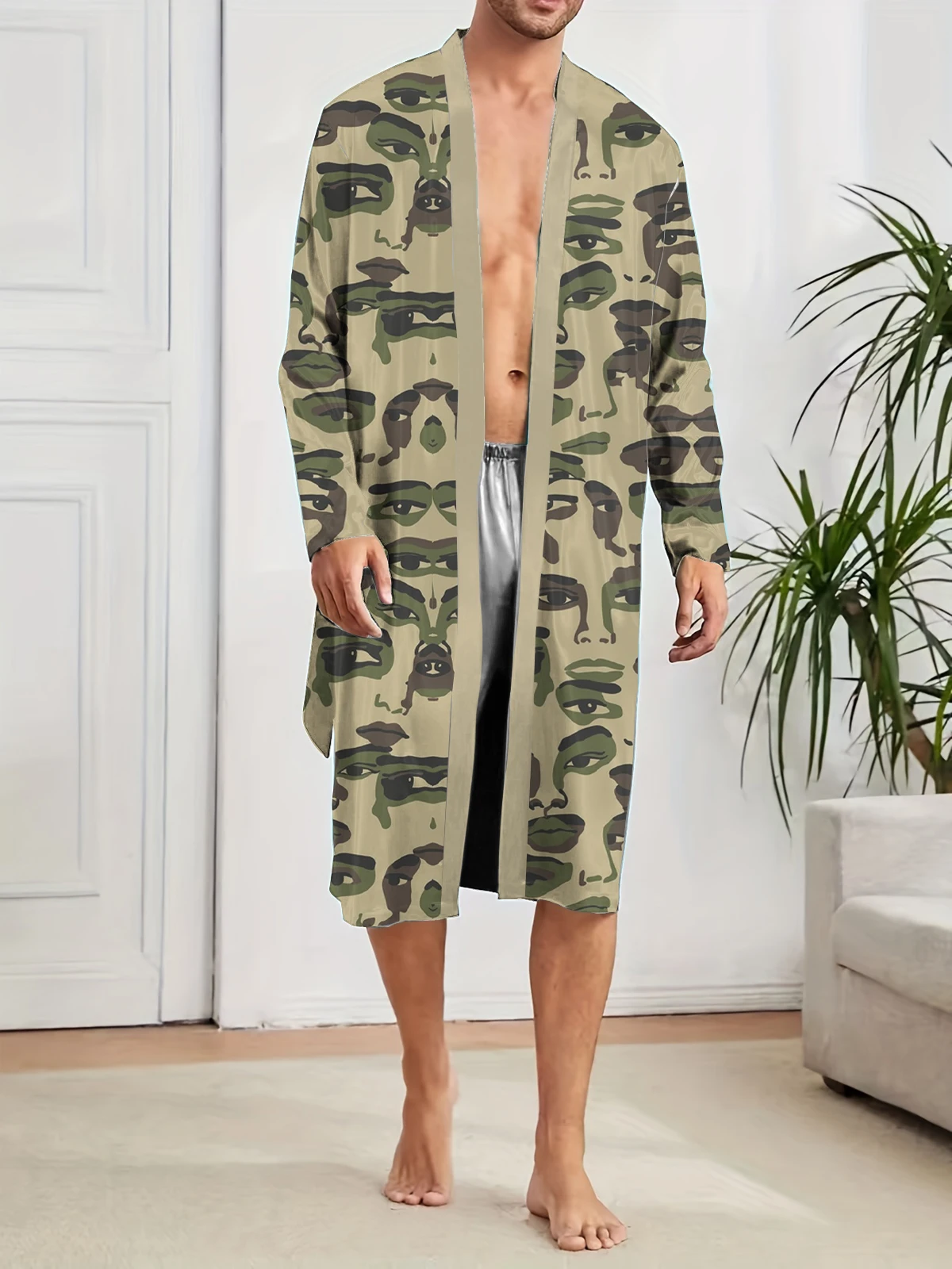 

Men's long robe with facial pattern digital printing, fun home sleeping robe for leisure and entertainment, quick drying