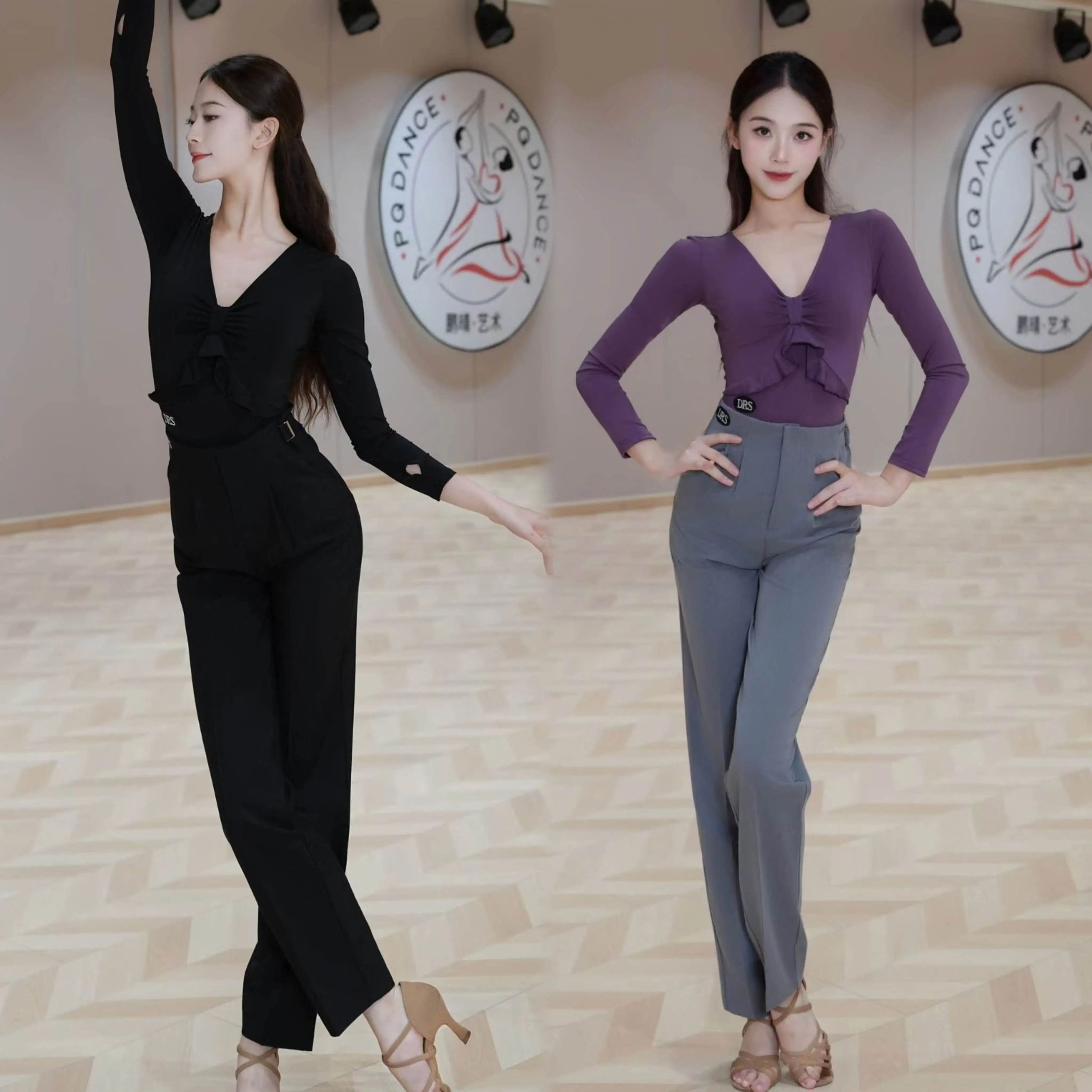 

Одежда для латинских танцев, женские топы с рюшами и длинными рукавами, черные, серые брюки для бальных танцев, одежда для взрослых для занятий вальсом DNV26695