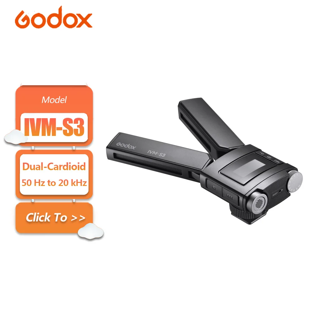 

Godox IVM-S3 Camera-Mount Adjustable Dual-Cardioid Microphone for Cameras and Mobile Devices with 50 Hz to 20 kHz Frequency