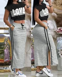 Sets For Women 2 Pieces 2023 Summer Fashion Print Colorblock O-Neck Short Sleeve Crop Top & Casual Striped Slit Pocket Skirt Set