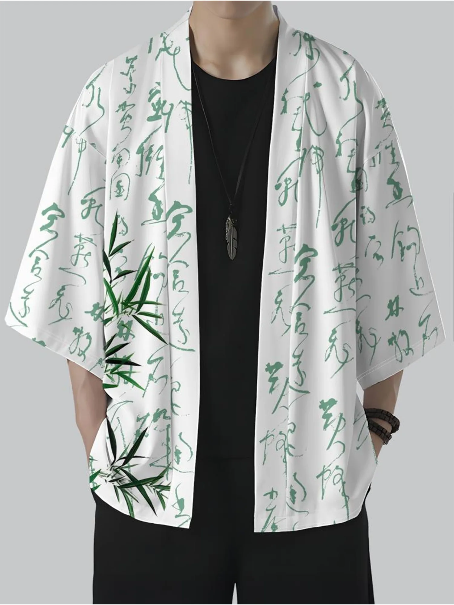 

2026 Summer New Men's Kimono 3D Calligraphy Green Bamboo Pattern Print Fashion Outdoor Comfortable Lightweight Soft