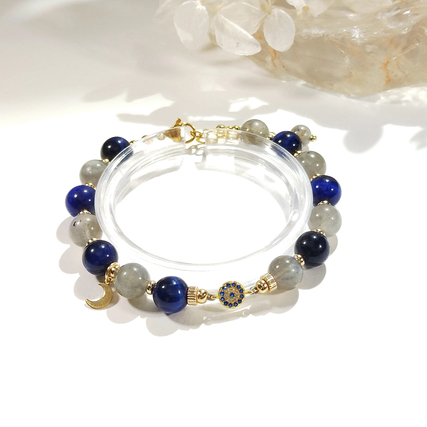 Lii Ji 8mm Dark Blue Tiger Eye's Labradorite Beaded Bracelet American 14K Gold Filled Bracelet