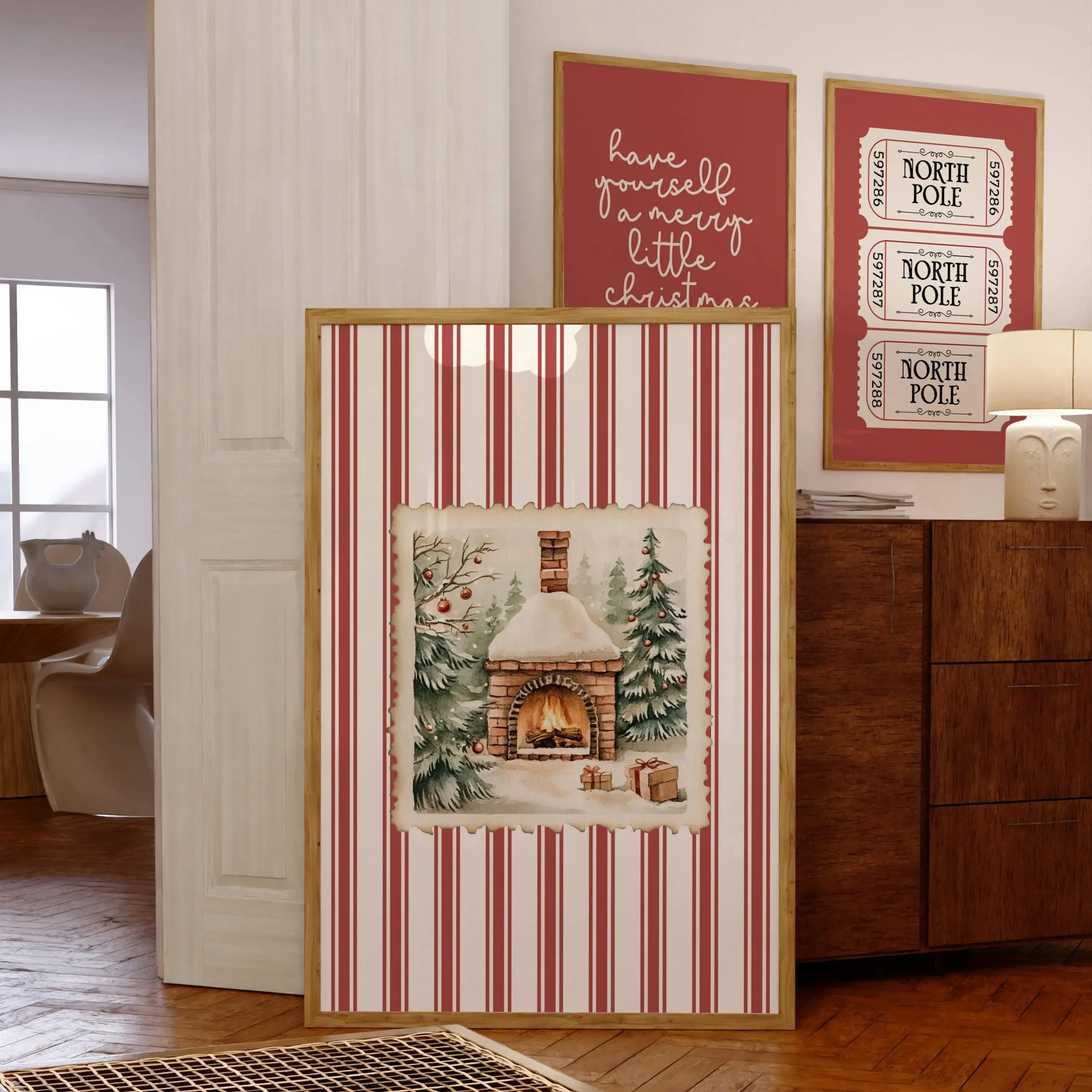 3pcs/set of Minimalist Red Merry Christmas Quotes Canvas Print Winter Snow Hut Wall Art Posters for Modern Christmas Home Decor
