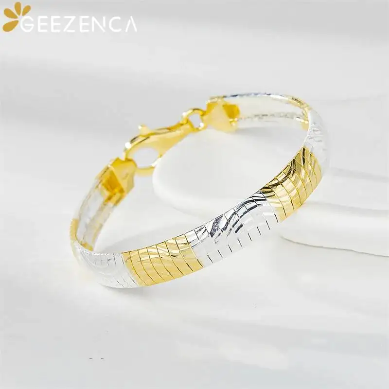 GEEZENCA Italian Style S925 Silver Two Tone Stripe Wave Texture Bracelet For Women Chic Luxury Shiny 8mm Width Bracelets Gift