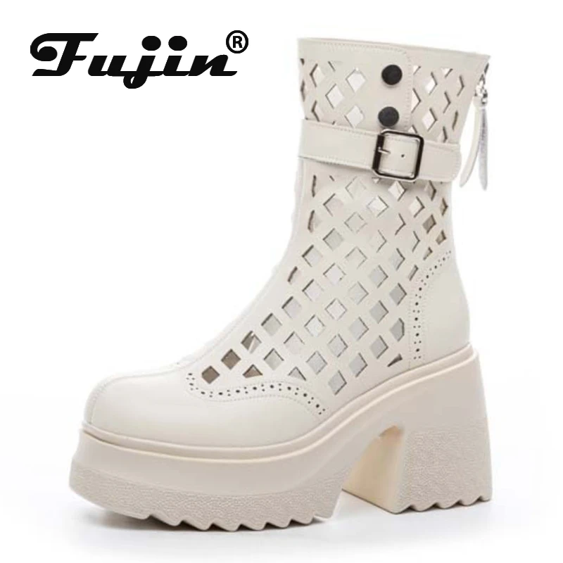 

Fujin 10cm Genuine Leather Boots Chimney Sandals Hollow Ankle Booties ZIP Fashion Shoes Women Moccasins Summer Motorcycle