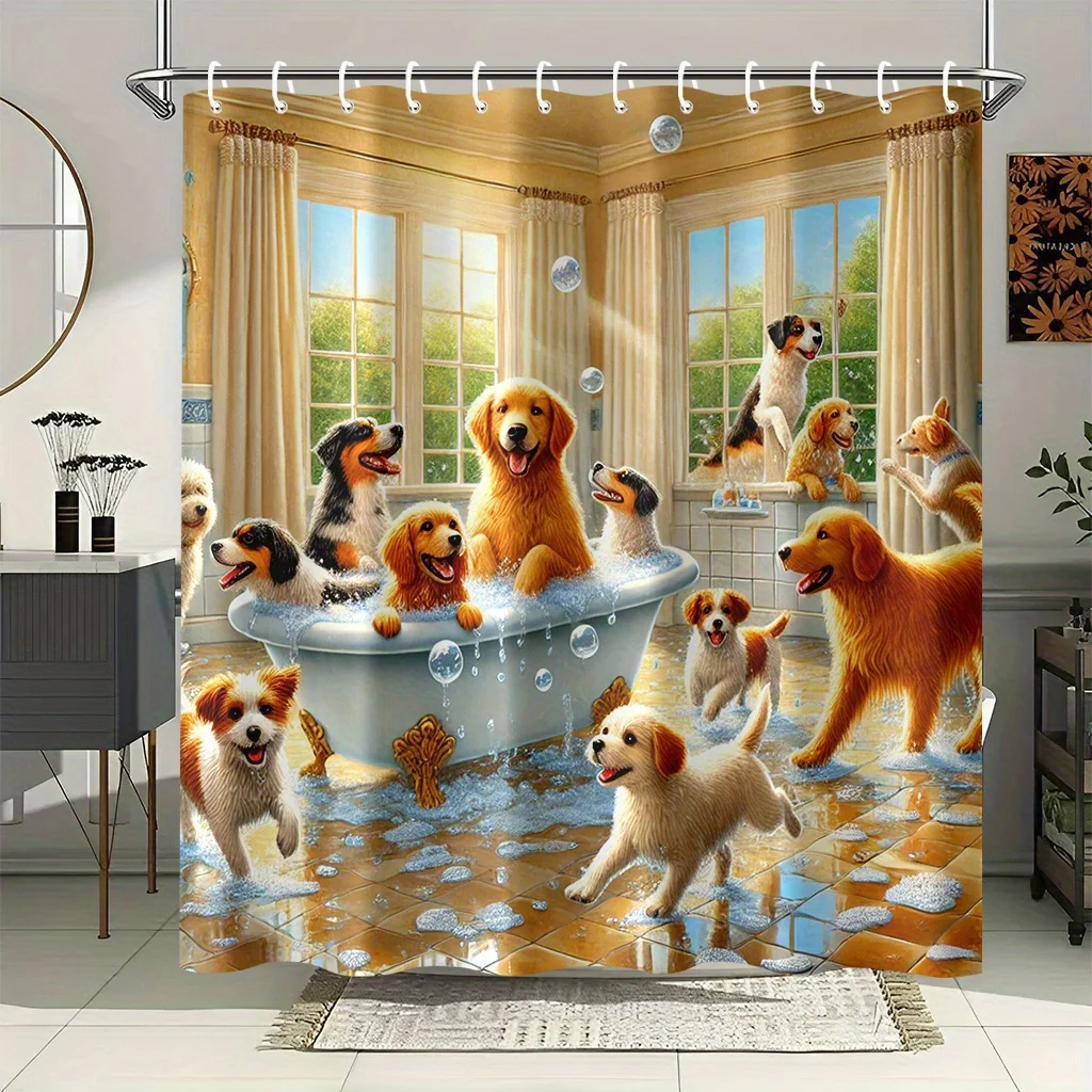 面白い犬柄シャワーカーテン、かわいいゴールデンレトリバーの子犬、お風呂タイムアニマルプリント、遊び心のあるバスルーム装飾、防水生地
