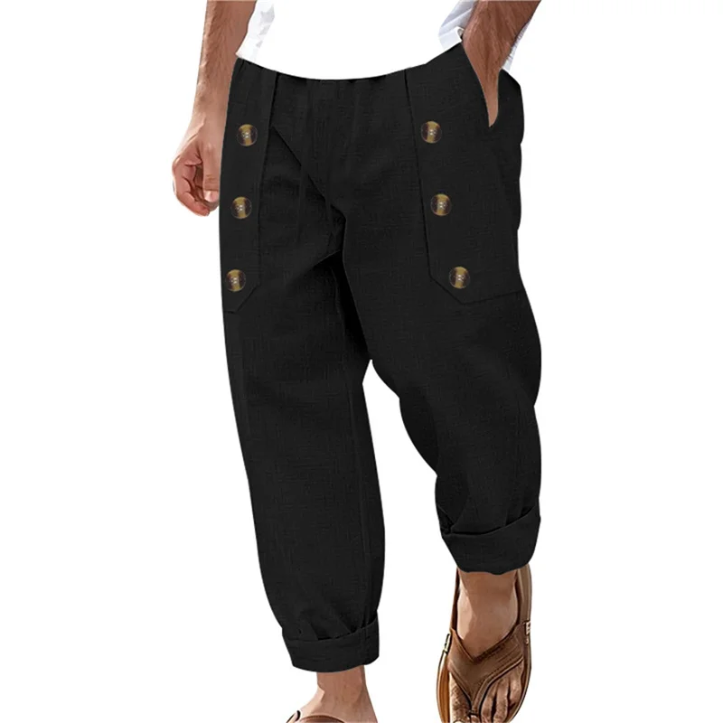 Thorn Tree Men Loose Jogger Pants Decorative Buttons Elastic Drawstring Cargo Pants Casual Trousers with Pockets for Streetwear