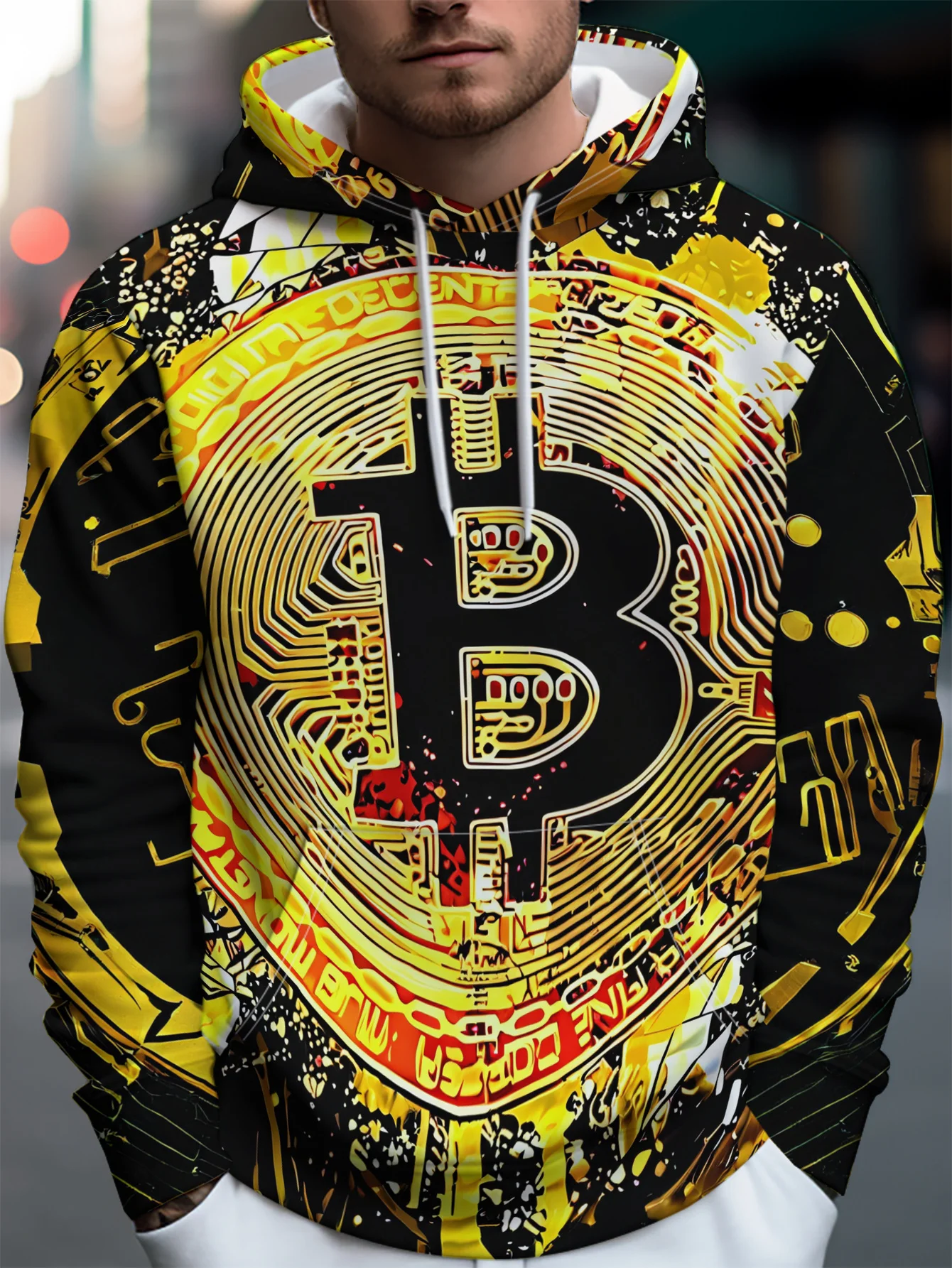Men Golden Bitcoin Circuit Graffiti 3D Print Hoodie Crypto Currency Graphic Casual Long Sleeve Hooded Sweatshirt