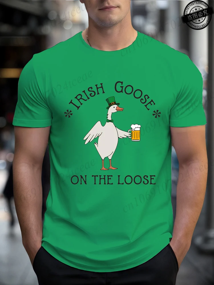 Lucky Goose on The Loose Printed Men's T-Shirts Clothing,St Patricks Day Gift,Drinking Goose T-Shirt,Funny Irish Goose Tee Tops