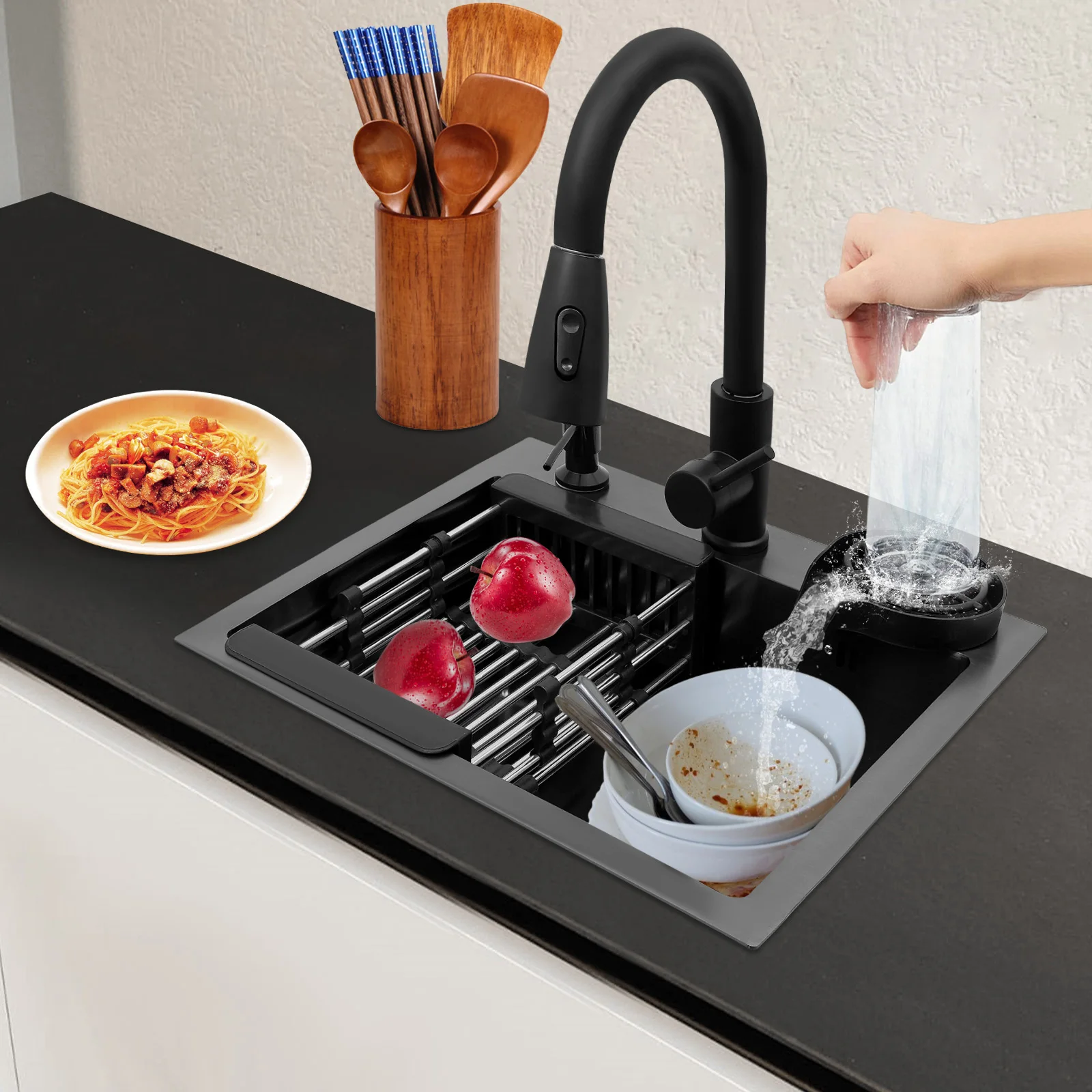 Imagen 6: Fregadero de cocina de acero inoxidable de 40 x 45 cm con grifo retráctil negro, cesta de goteo y dispensador de jabón