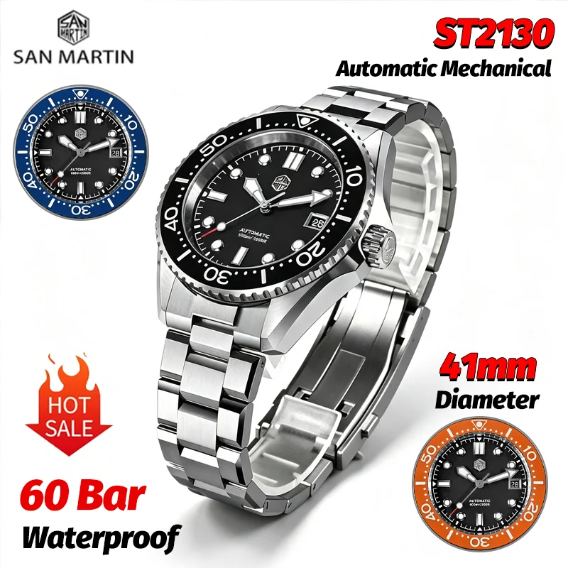 San Martin 41mm Mens 600M Diver Automatic Watch ST2130 Mechanical Movement AR Sapphire Luminous 316L Sport Diving watches SN0036