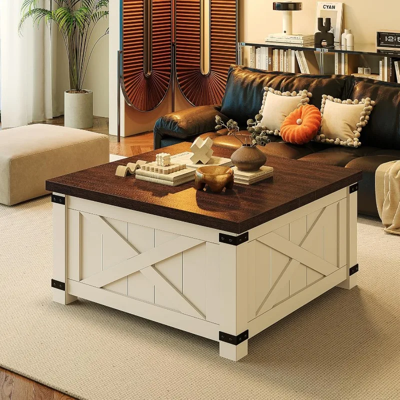 Lift Top Farmhouse  WoodSquare Coffee Table with Large Storage Space  for Living Room，Furniture Center Table for Home and Office