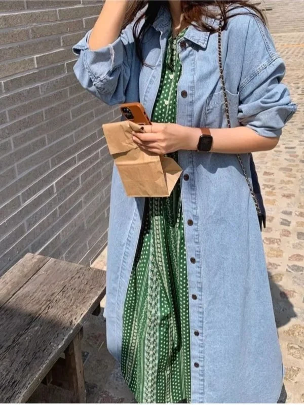 

Spring and Autumn New Women's Cowboy Windbreaker Dress Loose Single Breasted Shirt Windbreaker