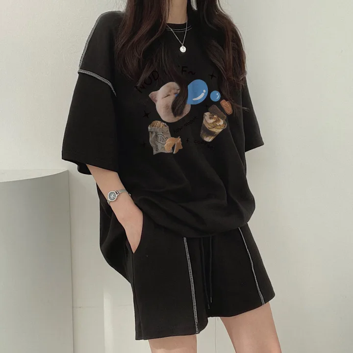 Korean Kawaii Cat Print T Shirt Shorts 2 Piece Sets Women Oversized Y2k Kitten Suits Funny T-shirts Harajuku Female Outfits