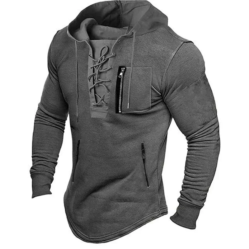 

2024 Men Autumn Spring Top Lace Up Drawstring Solid Color Long Sleeve Zipper Pockets Pullover Streetwear Men Mid Length Hoodie