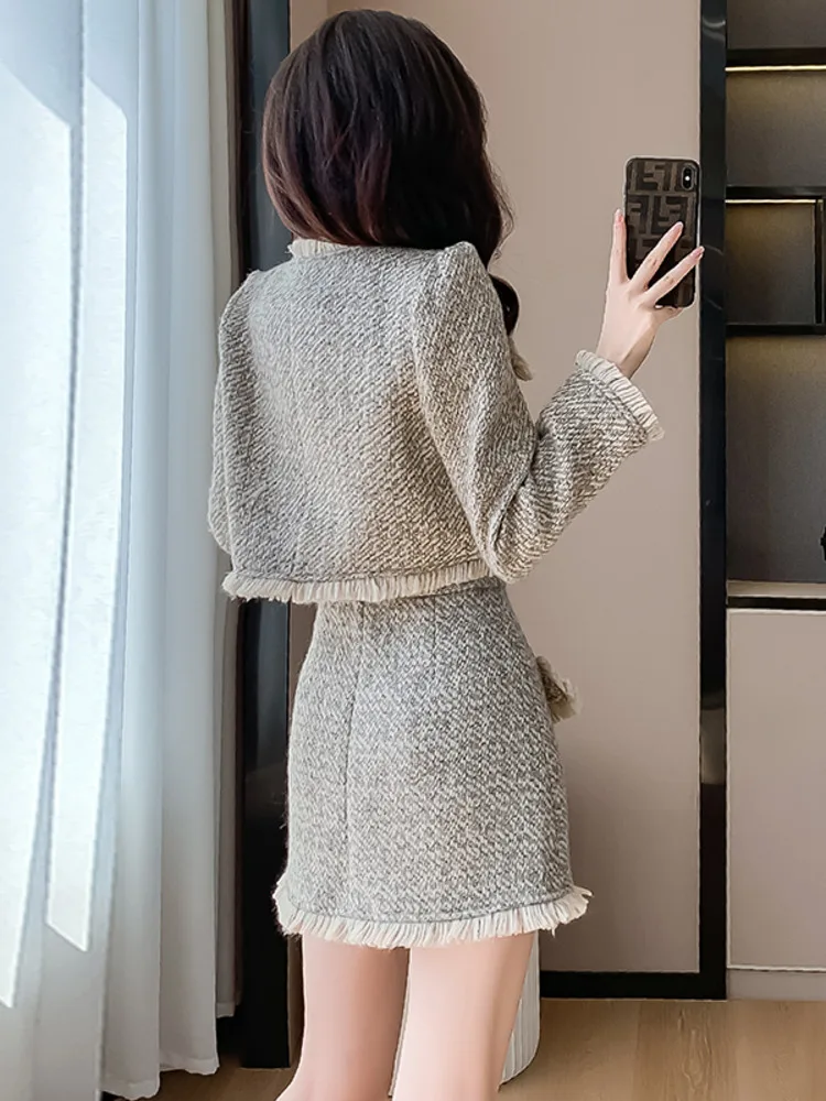 2024 Autumn Winter New Small Fragrant Women's Suit Tassel Tweed Short Jacket Coat + Mini Skirt Sets Korean Elegant Two Piece Set