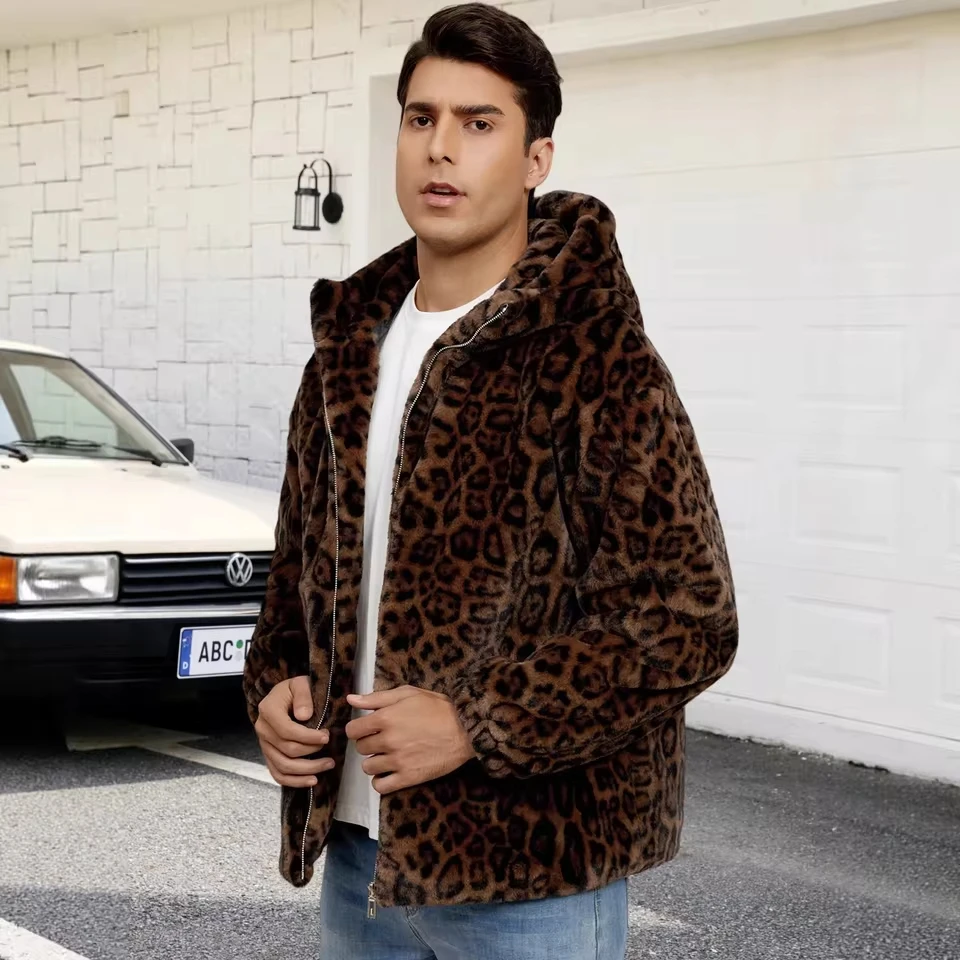 

2025 American style New Fashion Men's Leopard Casual Trendy Loose Zipper Long Sleeve Hooded Faux Fur Coats Male Clothes Jackets