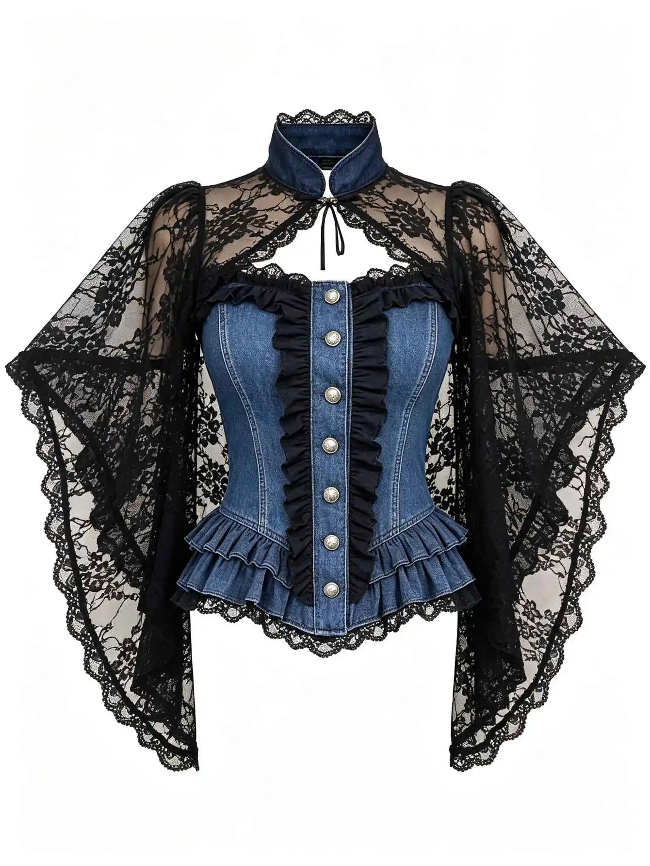 Women Denim Corset Top With Black Lace Capelet Stand Collar Ruffle Trim Button Front Gothic Victorian Slim Fitted Party Blouse