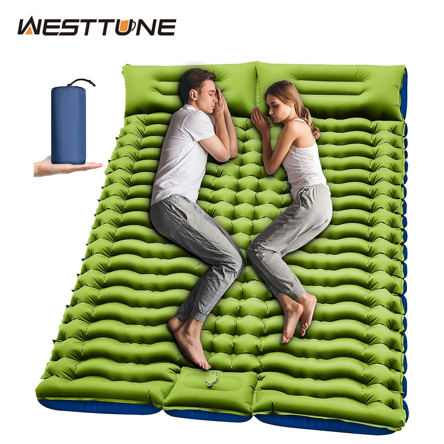 WESTTUNE Double Sleeping Pad 4 Thick  2 Person with Pillow Built-in Foot  Inflatable Mattress  Backpacking Hiking Santic cycling