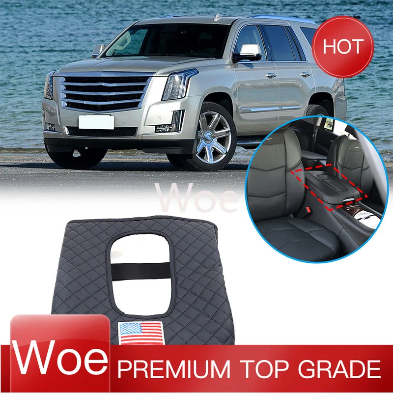 WoeFor 2015-2020 Cadillac Escalade Armrest Box Cover Car Styling Accessories Plaid Leather Black 1-piece Set (American Flag)