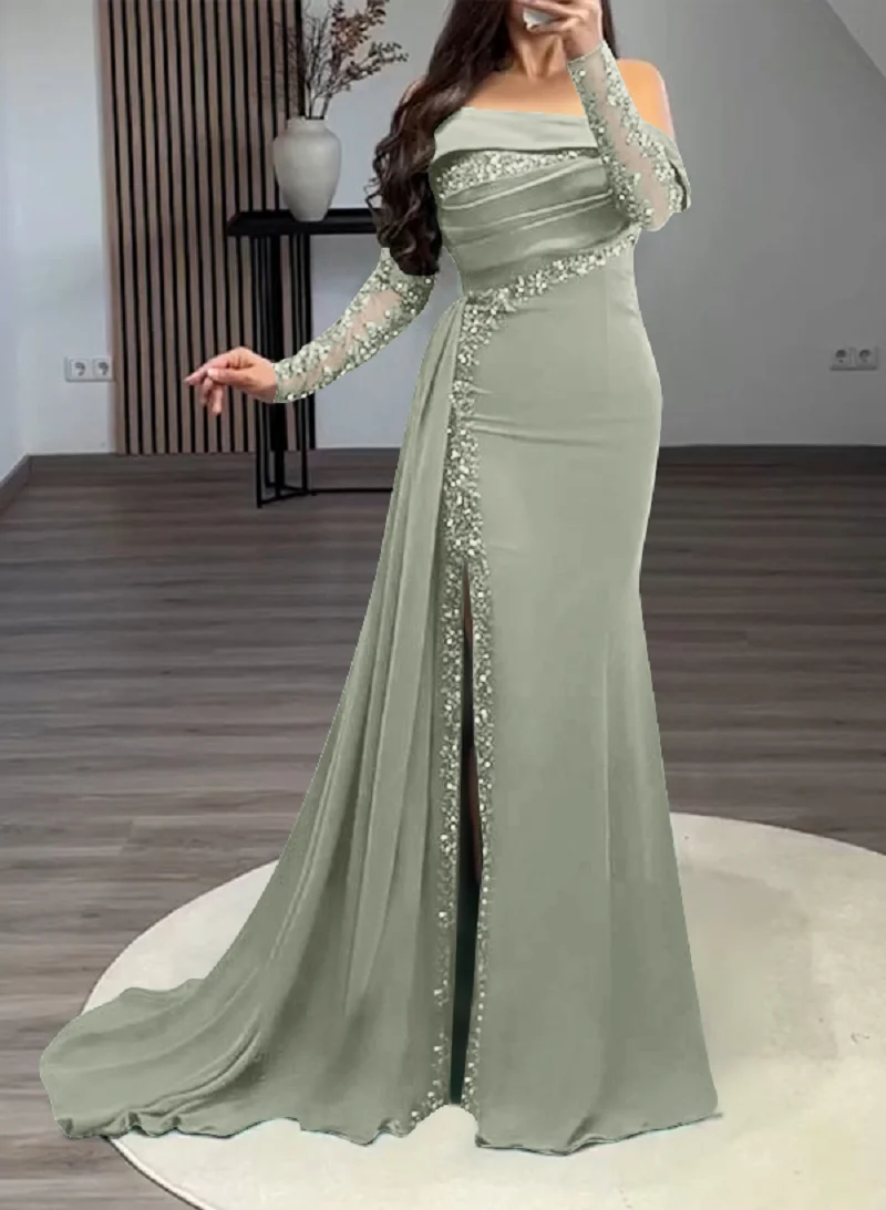 Vestido de fiesta de sirena de satén verde elegante, mangas de lentejuelas, vestidos de noche con abertura lateral, largo hasta el suelo, vestido de