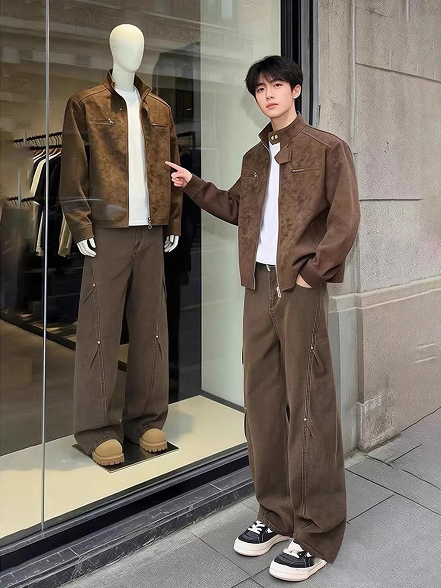 

Cleanfit Cargo Brown Pleated Workwear Jeans Men's American High Street Nail Design Straight Micro Flared Knife Pants