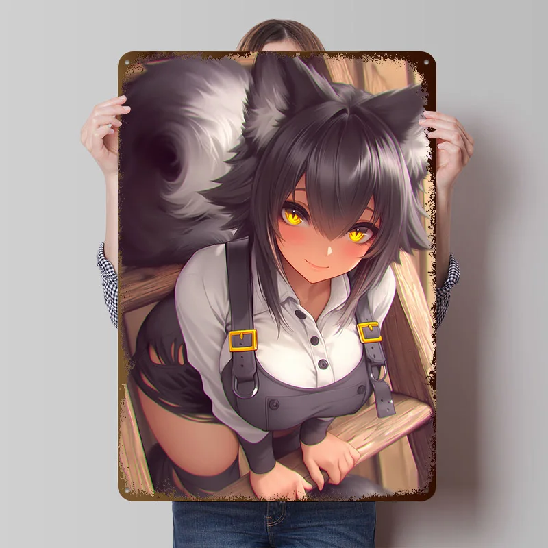 Wolf Girl on Ladder Anime Girl Printed Poster Customized Retro Wall Art Vintage Metal Tin Signs for Decoration Home Decor Items
