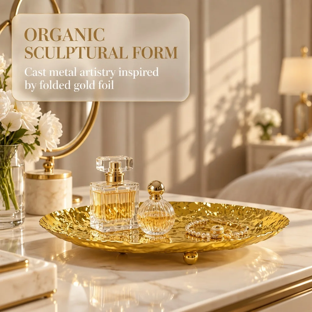 Hammered Gold Metal Decorative Tray with Ball Feet, Wavy Ripple Catchall Tray, Luxury Table Center for Vanity, Entryway & Dinner