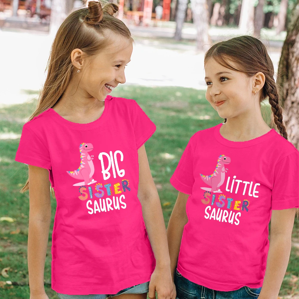 

Big Sister Little Sister Dinosaur Print Family Matching Shirt Kids Summer T-shirt Gir's Candy Color Short Sleeve T Shirts Tops