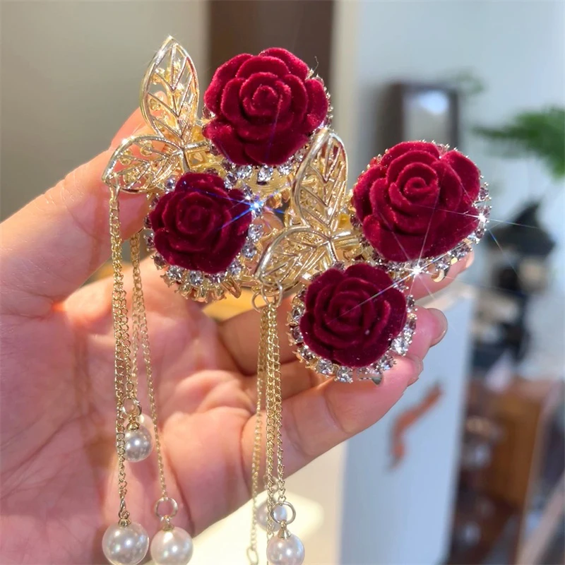 Fashion Metal Rose Fringe Rhinestone Hair Claw Clip Women's Elegant Horsetail Claw Hair Crab Fashion Hair Accessories