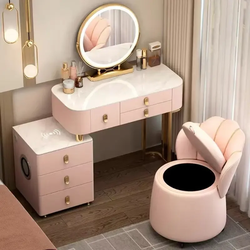 

Pink Makeup Dressing Table Bedroom Storage Drawers Vanity Table Modern Luxury Shelf Cosmetics Mesa De Maquillaje Home Furniture