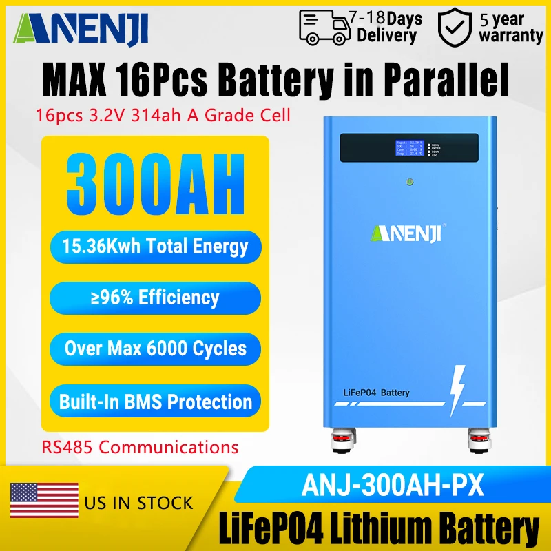

ANENJI Rack-mounted 48V LiFePO4 Battery 51.2V 300Ah 15KWH 6000+ Cycles A Cells With CAN RS485 with BMS Support Parallel for Home