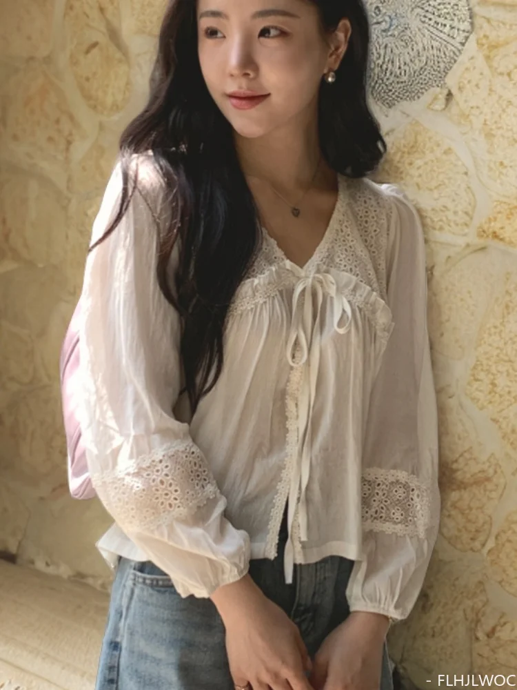 Semi-Transparent Sunscreen Tops Blusas Woman Cute Sweet Japan Girls Retro Vintage Hollow Out Lace Bow Tie Belly Short Shirts