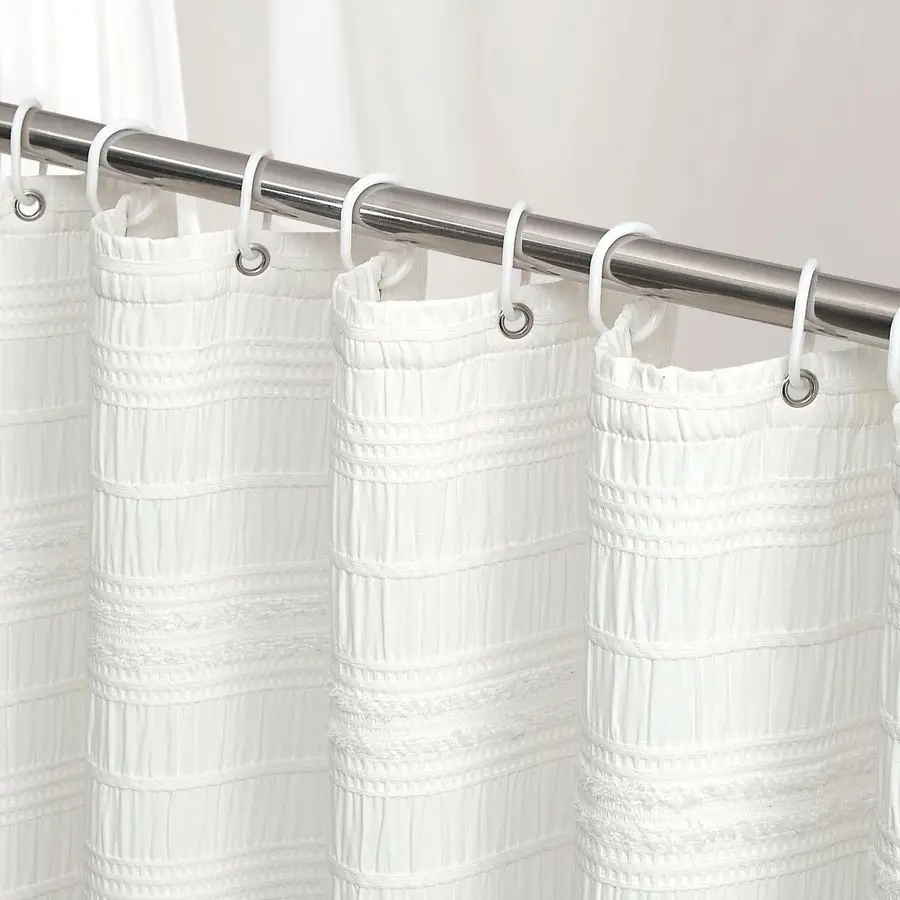 

Shower Curtain Fabric, White Textured Shower Curtain Farmhouse Cotton Blend Striped Shower Curtains for Bathroom Shabby Chic Rus