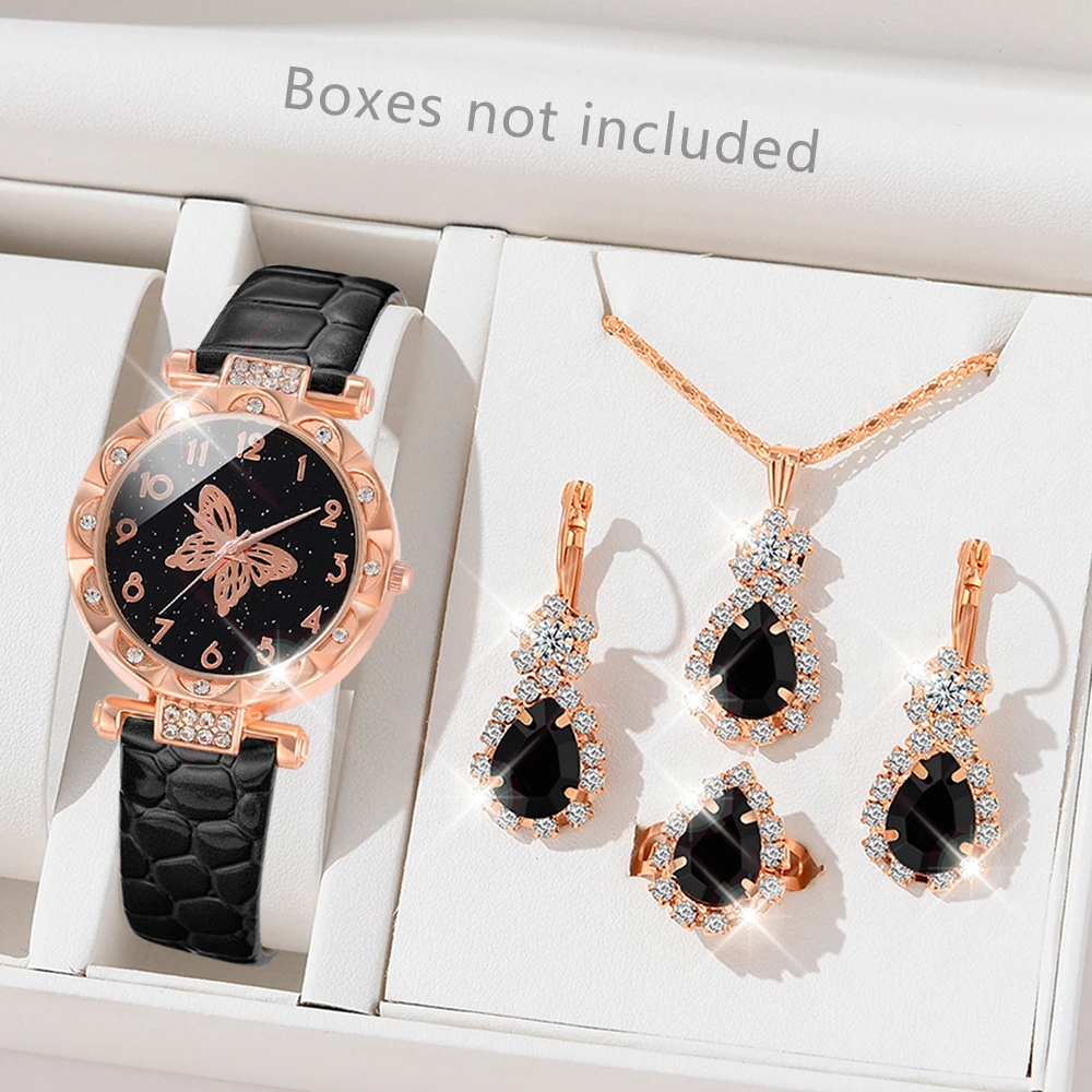 5PCS/Set Black Romantic Quartz Watch Shiny Rhinestone PU Leather Wrist Watch & Jewelry Set Gift For Mom Her Ladies Watch