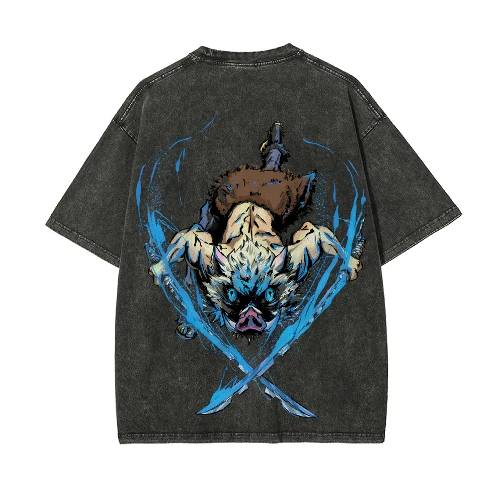 2025 Summer New Fashion Hot Anime Demon Slayer Blade T-shirt Men's Women's Washed Cotton Casual Loose Harajuku Retro T-shirt