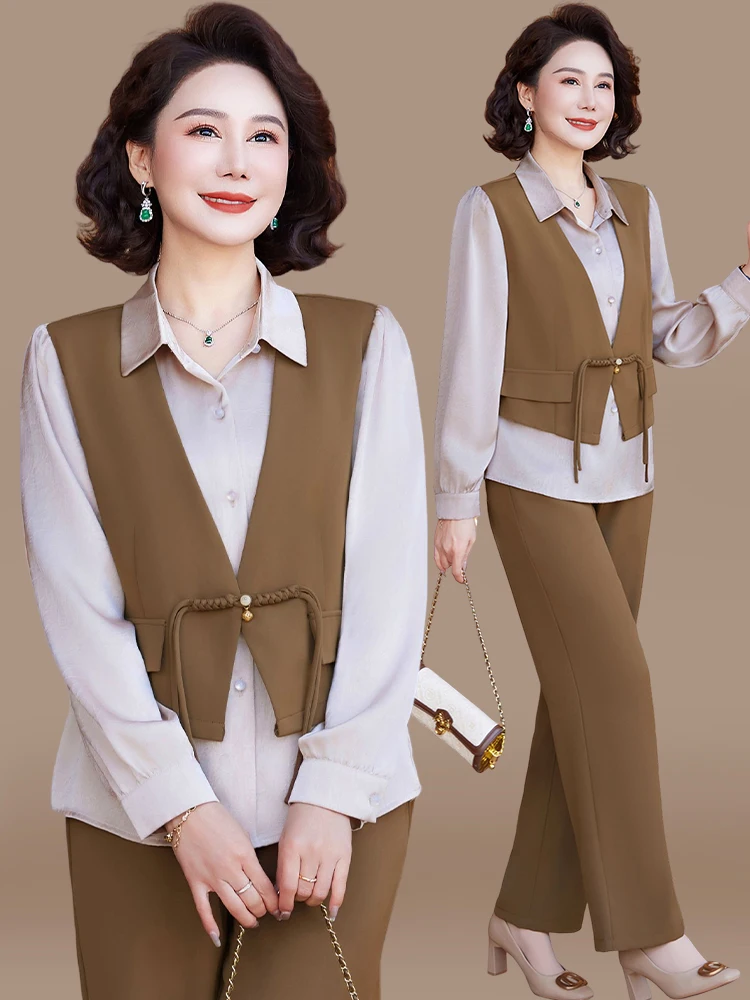

Ele Mid-Aged Mom Spring Faion Set 2025 New Sle Long Pants irt Brand Top Women Polyester Fiber V-Ne Single Button