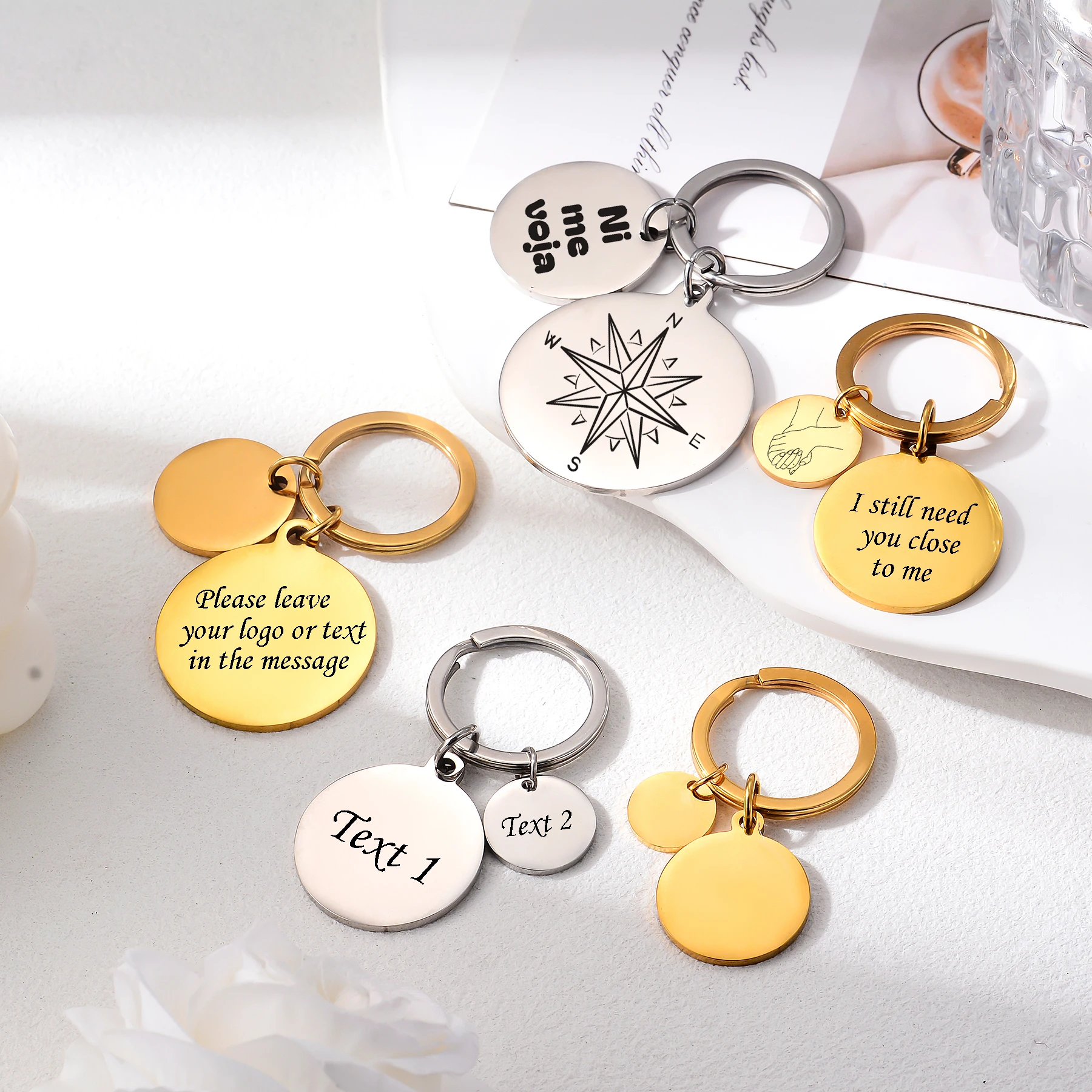 1Pc Personalized Text photo Stainless Steel Round Heart Tag Key Chain for Women Men Gift