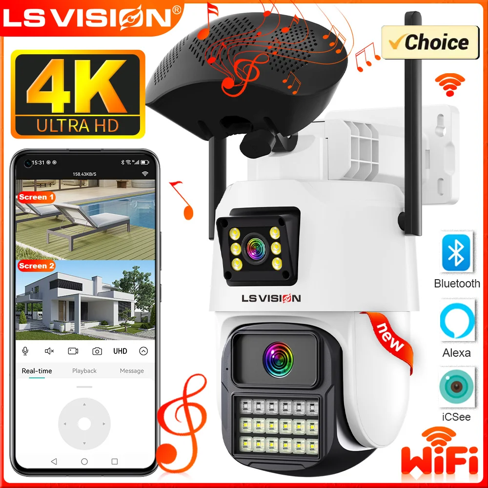 

LS VISION 8MP WiFi IP Camera Dual Screens Bluetooth Music Player Outdoor Surveillance Camera Human Detection Auto Tracking ICSee