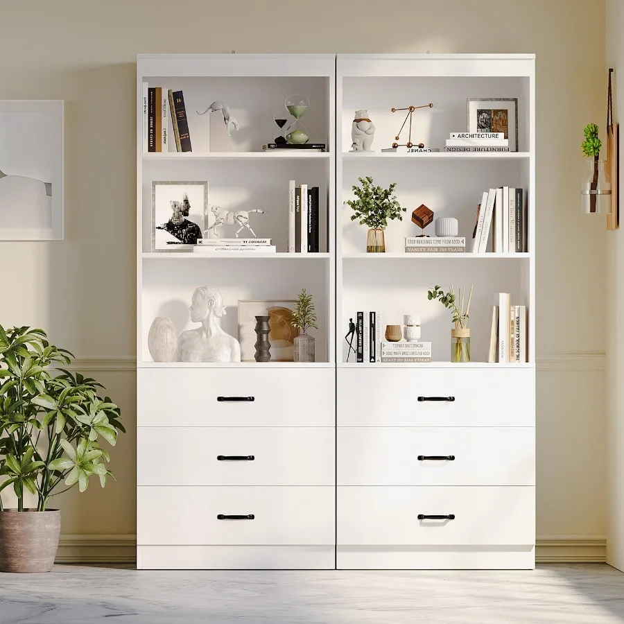 Estante alta de 70 camadas com 3 gavetas e prateleiras abertas de 3 camadas para sala de estar, quarto ou escritório, armário de armazenamento de madeira branca wi