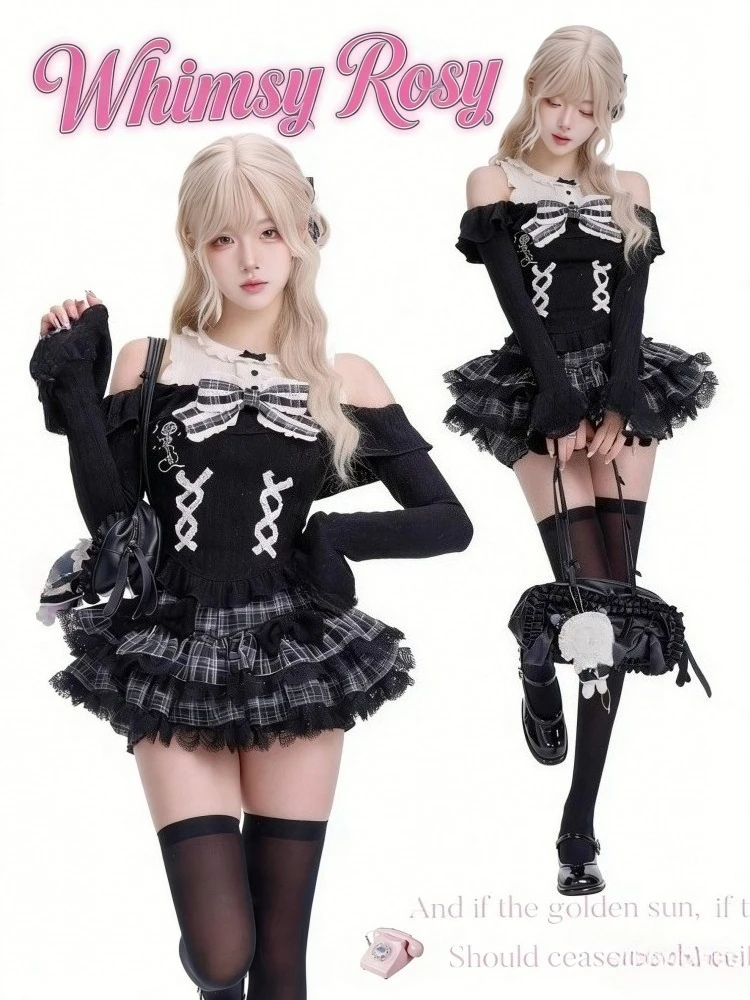 

Japanese Lolita Vintage Suits Women Casual Cardigan + Sexy Y2k Corset Vest + Mini Skirts Spring Cute Elegant 3 Piece Dress Sets
