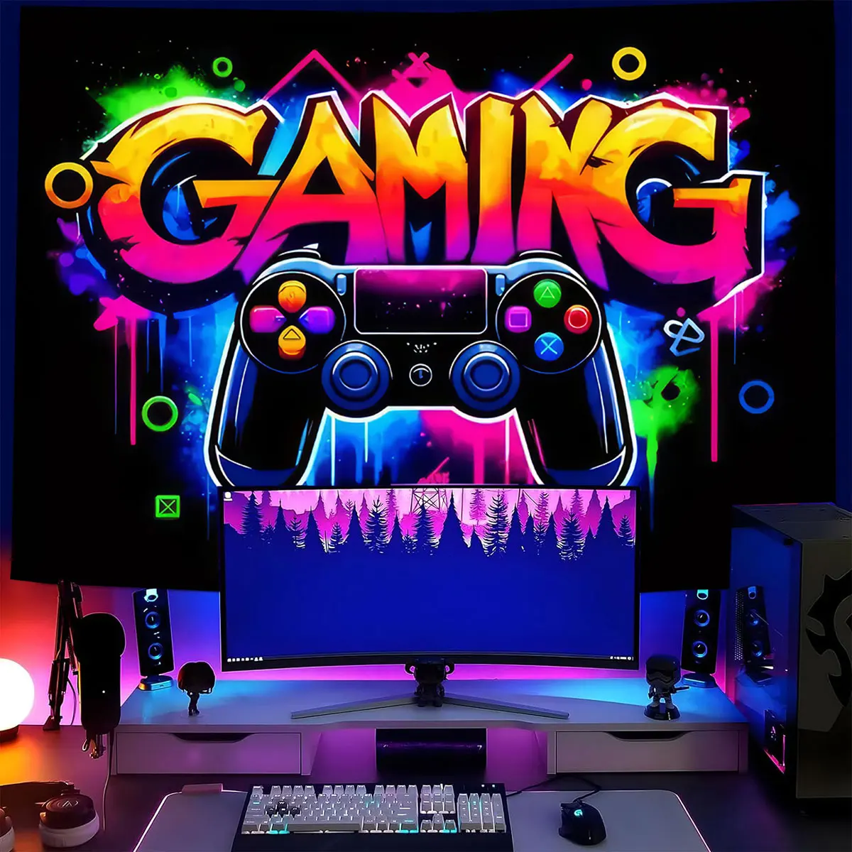 Gaming Controller Graffiti Art Tapestry Black Light Tapestry Wall Hanging UV Reactive Colorful  Game Room Wall Decor