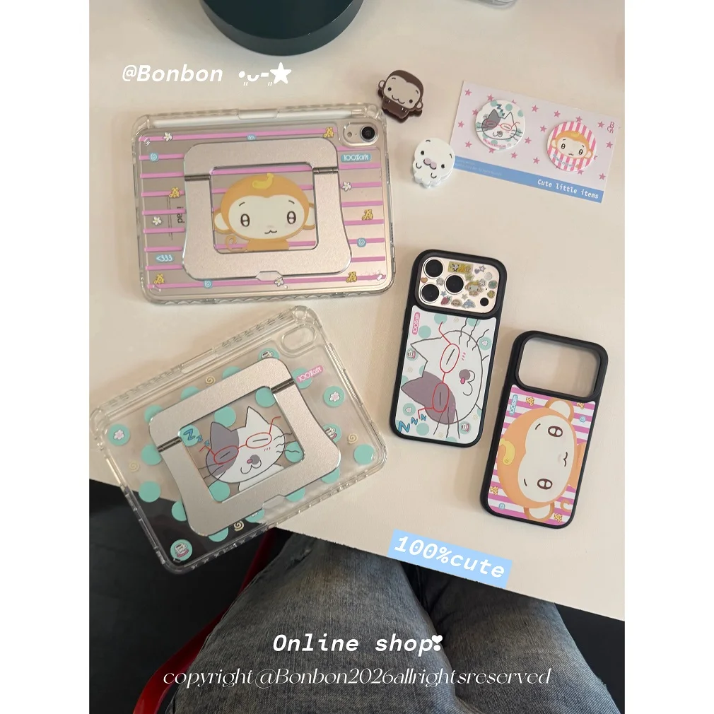 Monkey Stripe Cat Acrylic Pivot Shell Tablet Case For iPad Pro 11 13 M2 M4 M3 10.2 5/6th 7/8/9/10/11/th Mini 6 7 Air 4 5 6 Stand